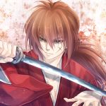  1boy ai_(ai1470) bangs blue_eyes himura_kenshin katana long_hair ponytail redhead rurouni_kenshin scar solo sword weapon 