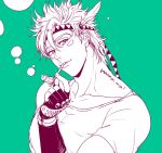  1boy blonde_hair bubble bubble_blowing caesar_anthonio_zeppeli facial_mark feathers fingerless_gloves gamako gloves green_background headband jojo_no_kimyou_na_bouken monochrome pipe simple_background solo 