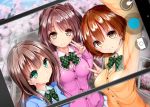  3girls brown_eyes brown_hair camera cardigan green_eyes honda_mio idolmaster idolmaster_cinderella_girls long_hair mokufuu multiple_girls shibuya_rin shimamura_uzuki short_hair 