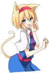  1girl alice_margatroid animal_ears blonde_hair blue_dress blue_eyes cape cat_ears cat_tail dress dress_shirt hairband kemonomimi_mode looking_at_viewer necktie open_mouth paw_pose shirofox shirt sketch smile solo tail touhou 