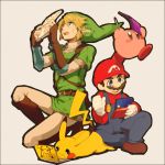  2boys 2others animal blonde_hair blue_eyes earrings facial_hair gloves hat hoshi_no_kirby jewelry kirby kirby_(series) kirby_(specie) link mario mouse mustache nintendo_3ds pikachu pointy_ears pokemon pokemon_(creature) super_mario_bros. super_smash_bros. super_smash_bros_64 the_legend_of_zelda the_legend_of_zelda:_ocarina_of_time yamakaji 