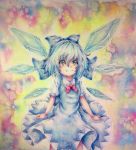  1girl blue_eyes blue_hair bow cirno highres ice ice_wings skirt smile solo touhou traditional_media watercolor_(medium) wings yuyu_(00365676) 