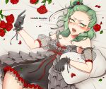  bare_shoulders blush bra character_request dress flower frills gloves green_eyes green_hair hair_ornament hair_ribbon half_updo long_hair open_mouth pillow ponytail red_rose ribbon rose side_ponytail underwear yu__ri 