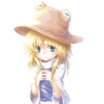  1girl ayakashi_(monkeypanch) blonde_hair blue_eyes hair_ribbon hands_on_own_chest hat highres looking_at_viewer moriya_suwako ribbon short_hair simple_background smile solo touhou white_background 