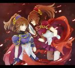 2girls arle_nadja armor armored_dress brown_hair cape doppelganger_arle evil_smile eye_contact half_updo letterboxed looking_at_another madou_monogatari mask multiple_girls puyopuyo red_eyes sewenan short_hair skirt smile wrist_cuffs yellow_eyes 