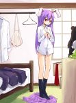  1girl animal_ears bedroom black_legwear blazer bunny_tail character_doll chest_of_drawers dress_shirt dressing kakizaki konpaku_youmu long_hair necktie panties panties_aside purple_hair rabbit_ears red_eyes reisen_udongein_inaba shirt skirt skirt_down skirt_removed socks solo standing tail touhou unbuttoning underwear undressing 