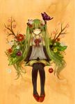  1girl aona_sharp bowtie butterfly detached_sleeves flower green_eyes green_hair hair_flower hair_ornament hair_ribbon hatsune_miku highres long_hair mary_janes ribbon shoes sitting skirt solo thigh-highs twintails very_long_hair vocaloid 