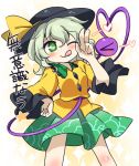  1girl eromame eyeball green_eyes green_hair hand_on_hip hat heart heart_of_string komeiji_koishi long_hair looking_at_viewer skirt smile solo third_eye tongue tongue_out touhou translation_request wink 