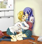  2girls blonde_hair blue_hair blush chocolate closed_eyes couple dirty futari_wa_precure half_updo hand_on_another&#039;s_cheek hand_on_another&#039;s_face hand_on_another&#039;s_leg hug kitchen kneeling licking long_hair messy misumi_nagisa mouth_hold multiple_girls nekoyanagi_matasaburou on_floor precure refrigerator school_uniform short_hair sitting undressing wariza yellow_eyes yukishiro_honoka yuri 