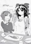  2girls alternate_costume apron black_hair bow comic fish hair_bow heart highres knife komeiji_satori multiple_girls open_mouth reiuji_utsuho short_hair sweater third_eye touhou whitesesame 