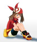  bag bandana bike_shorts blue_eyes brown_hair haruka_(pokemon) pokemon pokemon_(game) pokemon_rse shadow simple_background sitting sneakers solo white_background 