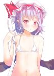  1girl bat_wings bikini blue_hair blush collarbone culter hat hat_ribbon looking_at_viewer mob_cap navel pink_eyes pointy_ears remilia_scarlet ribbon shower_head simple_background solo swimsuit touhou white_background white_bikini white_swimsuit wings 