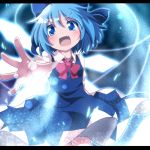  1girl :d blue_dress blue_eyes blue_hair blush bow cirno do_(4-rt) dress fang hair_bow happy ice ice_wings letterboxed open_mouth outstretched_arm outstretched_hand puffy_sleeves shirt short_sleeves smile solo touhou wings 