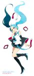  1girl aqua_eyes aqua_hair asapaa belt boots character_name copyright_name detached_sleeves floating_hair hatsune_miku headphones high_heels highres long_hair necktie shoes simple_background skirt solo thigh-highs thigh_boots twintails very_long_hair vocaloid white_background 