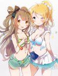  2girls aqua_eyes ayase_eli bangs bikini bikini_top blonde_hair blunt_bangs blush bow bracelet breasts brown_eyes brown_hair cleavage fly_333 front-tie_top hair_bow jewelry long_hair love_live!_school_idol_project midriff minami_kotori multiple_girls navel open_fly open_mouth ponytail short_shorts shorts skirt smile strap_gap striped swimsuit twintails unzipped vest wink 