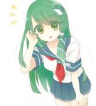  1girl blush breasts frog_hair_ornament green_eyes green_hair hair_ornament hair_tubes kochiya_sanae long_hair open_mouth school_uniform serafuku skirt smile snake_hair_ornament solo touhou 