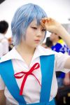  ayanami_rei blue_hair cosplay kanata_(model) neon_genesis_evangelion photo red_eyes school_uniform suspenders 