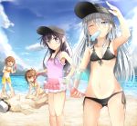  1boy 4girls ^_^ ^o^ admiral_(kantai_collection) akatsuki_(kantai_collection) ball beach beachball bikini bikini_skirt black_hair blue_eyes brown_eyes brown_hair casual_one-piece_swimsuit closed_eyes clouds flat_cap folded_ponytail frilled_bikini frills hair_ornament hairclip hako_roku hat hibiki_(kantai_collection) ikazuchi_(kantai_collection) inazuma_(kantai_collection) innertube island kantai_collection long_hair multiple_girls one-piece_swimsuit open_mouth personification popsicle sand_sculpture short_hair silver_hair smile sunlight swimsuit water 