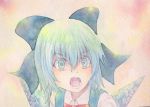  1girl blue_eyes blue_hair bow cirno highres ice ice_wings open_mouth solo touhou traditional_media watercolor_(medium) wings yuyu_(00365676) 