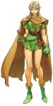  1girl artist_request bag bare_legs belt blonde_hair boots breasts cape dungeons_and_dragons earrings elf forehead_jewel gloves green_boots green_gloves jewelry large_breasts long_hair lucia_(d&amp;d) official_art pointy_ears satchel sheath sheathed shoulder_pads solo standing strap_cleavage sword tunic violet_eyes weapon 