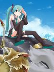  1girl aqua_eyes aqua_hair boots detached_sleeves hatsune_miku headset kita_(pixiv61555) necktie open_mouth salute sitting skirt sky solo thigh_boots thighhighs twintails upskirt vocaloid 
