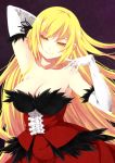  1girl arm_up bare_shoulders blonde_hair breasts cleavage dress elbow_gloves gloves kissshot_acerolaorion_heartunderblade kouji_(campus_life) large_breasts long_hair looking_at_viewer monogatari_(series) pointy_ears smile solo white_gloves yellow_eyes 