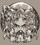  1girl 2girls azuki_(azuki-taste) bust character_name checkered checkered_background hands_clasped hat looking_at_viewer monochrome multiple_girls remilia_scarlet solo touhou 