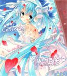  1girl aqua_hair artist_name blush bow cell1913 clouds dress elbow_gloves gloves green_eyes hair_bow hatsune_miku long_hair looking_back marker_(medium) petals sample sky solo traditional_media twintails veil very_long_hair vocaloid 