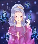  1girl blue_eyes blue_hair butterfly chrono_trigger earrings jewelry long_hair nagidango ponytail schala_zeal solo 