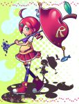  1girl ahoge aishiklu andou_ringo apple blue_legwear drill_hair fish flask food food_themed_clothes fruit green_eyes hair_ornament hairclip object_namesake over_shoulder profile puyopuyo puyopuyo_7 redhead school_uniform shoes short_hair skirt smile solo sweater_vest thigh-highs umbrella 