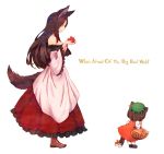  2girls animal_ears apple basket boots brown_eyes brown_hair cat_ears cat_tail chen english food fruit hat imaizumi_kagerou long_hair multiple_girls multiple_tails short_hair simple_background skirt tail terajin text touhou white_background wolf_ears wolf_tail 