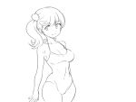  1girl animated animated_gif bouncing_breasts breasts cleavage double_v grin halterneck lineart long_hair lowres monochrome naso4 one-piece_swimsuit scrunchie side_ponytail smile solo swimsuit v 