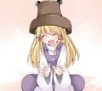  1girl closed_eyes commentary fang hair_ribbon hammer_(sunset_beach) hat indian_style long_hair long_sleeves moriya_suwako open_mouth ribbon shirt sitting smile solo sticky_fingers touhou violet_eyes wide_sleeves 