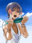  1boy bracelet bust clouds colored dutch_angle earrings eating fish hair_ornament inazuma_eleven_(series) inazuma_eleven_go jewelry male open_mouth purple_hair rough shuu_(inazuma_eleven) sky solo violet_eyes zuwai_kani 