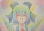  1girl blue_eyes blue_hair bow cirno highres ice ice_wings open_mouth solo touhou traditional_media watercolor_(medium) wings yuyu_(00365676) 