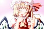  1girl :d ascot blonde_hair blush closed_eyes fang flandre_scarlet hand_on_own_chest hat highres open_mouth sd-sos side_ponytail smile solo touhou waving wings 