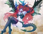  1girl blue_skin breasts cleavage demon_girl demon_wings elbow_gloves gloves hera_(p&amp;d) horns jewelry long_hair necklace pointy_ears puzzle_&amp;_dragons redhead solo suga_koharu tail thighhighs wings 