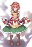  1girl ahoge apron bell book boots character_name checkered clothes_writing cross-laced_footwear glasses hair_bell hair_ornament japanese_clothes kanabun lace-up_boots motoori_kosuzu orange_hair pigeon-toed smile touhou violet_eyes wide_sleeves 