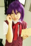  ahoge cosplay mahou_sensei_negima miyazaki_nodoka photo pleated_skirt purple_hair school_uniform toubo_kotori vest 