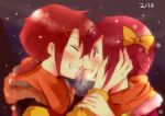  2girls :t blush bust closed_eyes couple drill_hair face-to-face grin gumichoco hand_on_another&#039;s_cheek hand_on_another&#039;s_face hino_akane hoshizora_miyuki incipient_kiss multiple_girls pink_eyes pink_hair precure redhead short_hair short_ponytail smile smile_precure! snowing yuri 