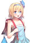  1girl adapted_costume alice_margatroid alice_margatroid_(pc-98) backpack bag blonde_hair blue_dress blue_eyes book culter dress hair_ribbon looking_at_viewer open_mouth randoseru recording ribbon simple_background smile solo strapless_dress touhou touhou_(pc-98) white_background 