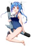 1girl blue_hair blush breasts gochou_(atemonai_heya) hair_ribbon i-19_(kantai_collection) kantai_collection long_hair one-piece_swimsuit open_mouth personification red_eyes ribbon school_swimsuit smile solo swimsuit symbol-shaped_pupils torpedo twintails 