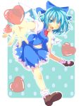  1girl blue_eyes blue_hair cirno fang finger_to_mouth hair_ribbon heart highres ice ice_wings midriff navel open_mouth outstretched_arm outstretched_hand puffy_sleeves ribbon shirt short_sleeves skirt skirt_set smile solo touhou vest wings wink yuimari 
