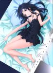  1girl absurdres accel_world babydoll bare_legs bare_shoulders barefoot bed black_hair blush frills highres kuroyukihime lingerie long_hair looking_at_viewer lying official_art on_back open_mouth parted_lips pillow red_eyes ribbon solo underwear 
