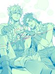  2boys a_s_h_e_s bubble caesar_anthonio_zeppeli facial_mark fingerless_gloves gloves headband heart heart_of_string jacket jojo_no_kimyou_na_bouken joseph_joestar_(young) midriff monochrome multiple_boys pipe scarf 