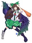  1girl arm_cannon black_legwear black_wings blush bow breasts brown_hair cape feathered_wings hair_bow ishimu long_hair open_mouth red_eyes reiuji_utsuho ribbon skirt smile solo thigh-highs third_eye touhou weapon wings 