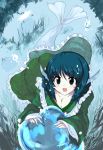  1girl blue_eyes blue_hair breasts cleavage echizen head_fins japanese_clothes long_sleeves mermaid monster_girl open_mouth short_hair smile touhou underwater wakasagihime water wide_sleeves 