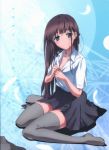  1girl absurdres accel_world artist_request blue_eyes breasts brown_hair cleavage grey_legwear highres kurasaki_fuuko school_uniform sitting tagme thighhighs undressing yokozuwari zettai_ryouiki 