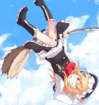  1girl arm_up blonde_hair blue_sky boots broom broom_riding clouds hat kirisame_marisa long_hair open_mouth shirofox skirt sky smile solo touhou upside-down wink yellow_eyes 