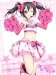  1girl black_hair blush bow cheerleader crop_top elbow_gloves gloves grin hair_bow head_bump headphones headset karamoneeze love_live!_school_idol_project midriff pink_gloves polka_dot_skirt pom_poms red_eyes revision shiny shiny_skin shirt skirt sleeveless sleeveless_shirt smile solo star twintails wink yazawa_nico 